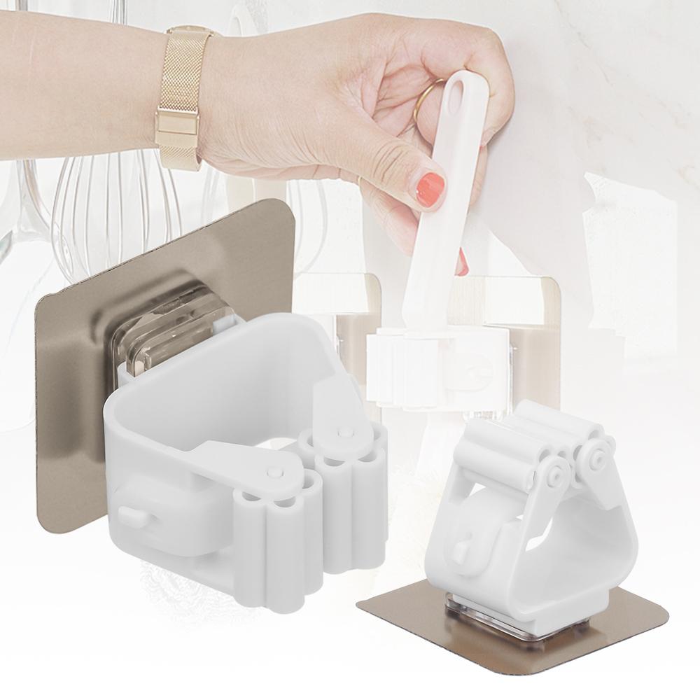 Bathroom Self Adhesive Kitchen Broom Hanger Wall Mounted Hooks Mop Holder Spring Clip Rack
