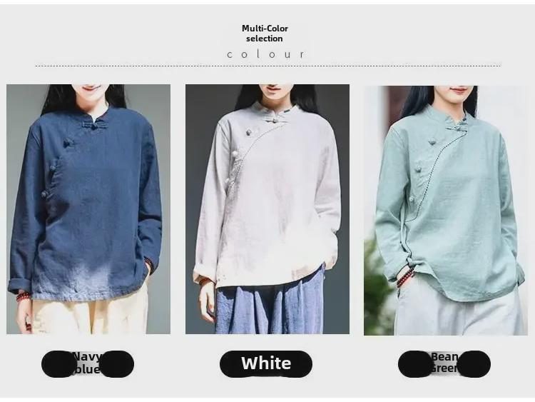 Женский хлопковый льняной топ в стиле ретро с длинными рукавами: Весна/Лето, облегающий крой, воротник-стойка/асимметричный