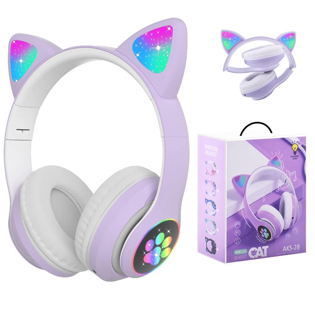 Headphones Megadream Headphones with Cat Ear LED Sides RGB Light Bluetooth Length 1m TF Card Size Children's Wireless/Wired Microphone, Light/Both