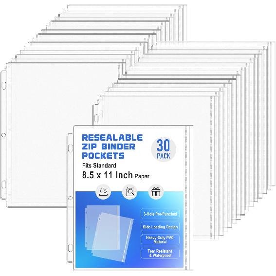 Antner 10 Pack Letter Size Binder Pockets 3 Ring Binder Zipper Pouch, 3-Hole Waterproof Resealable Zip Loose Leaf ert Bags PVC Document Organizer