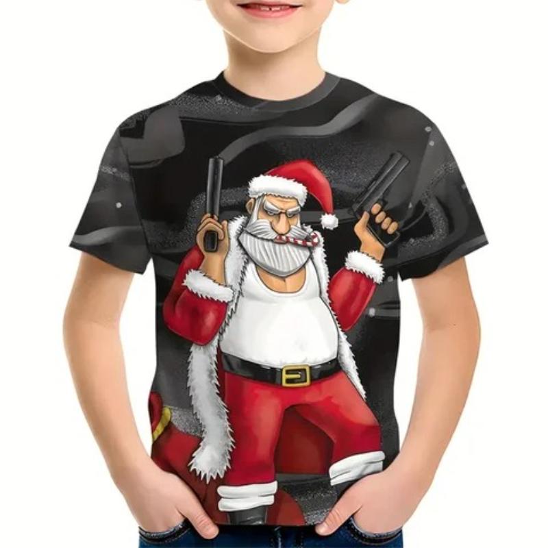 Детские новогодние футболки с принтом Санта-Клауса, удобный модный топ с коротким рукавом для мальчиков