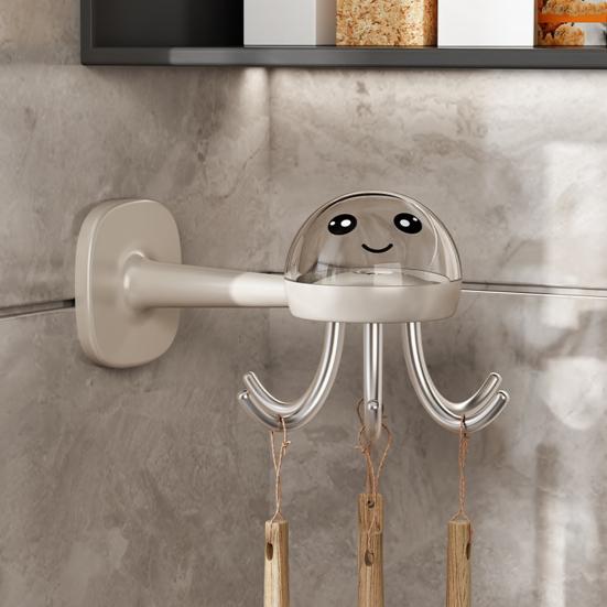 Пластиковая настенная полка-органайзер с прочным клейким креплением, грузоподъемная, в форме мультяшного осьминога, дизайн с шестью крючками, полка для хранения в ванной