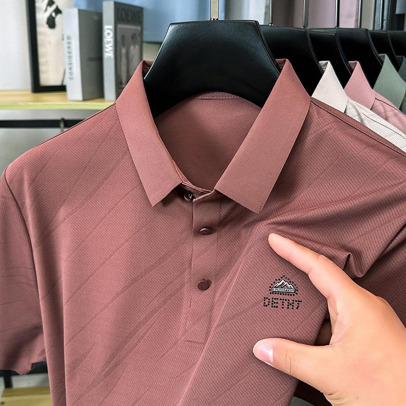 Мужская футболка-пуловер с лацканами из шелка Ice Silk с короткими рукавами, модная рубашка-поло, повседневный топ для отца