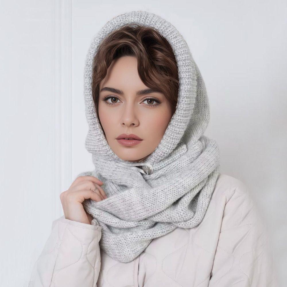 Beanie Knitted Balaclava Hat Solid Color Cross Hooded Cap Cute Hat and Scarf 2-in-1 Winter/Autumn