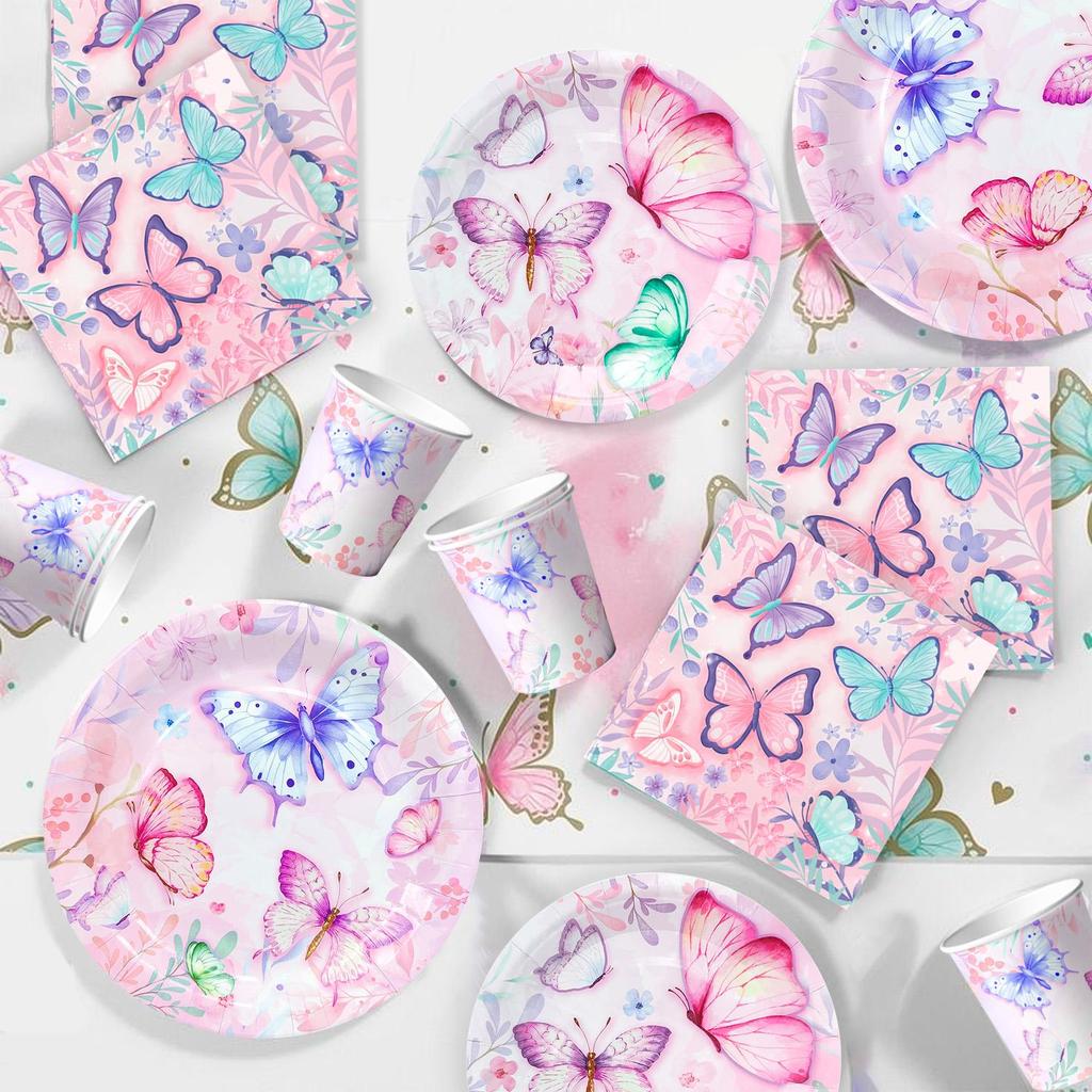 Butterfly Birthday Party Supplies, Butterfly Plates and Napkins Party Supplies-Butterfly Party Plates Cups Tablecloth&Butterfly Birthday Decors Banner
