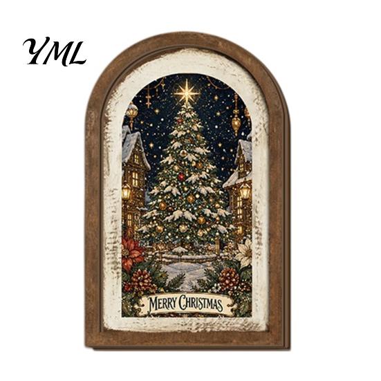 Farmhouse Christmas Tree Decorations Vintage Arched Wooden Wall Art, Double Layer Wood Framed Sign, Glowing House Pictures Xmas Print Hanging
