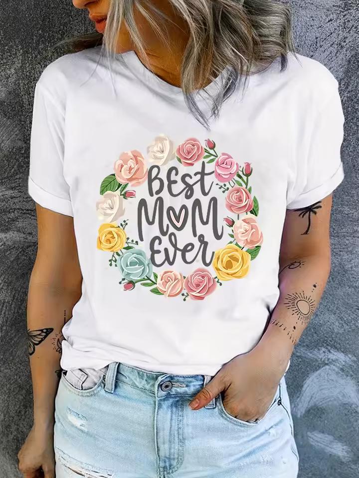 Cute Spring Flower Mother's Day Tee, Simple Boho Plant Print Short Sleeve Shirt for Moms Women Clothes Harajuku T Shirt