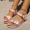 Fashion Plus Size Metal Buckle Flats Women's Summer New Vintage Round Toe Open Toe Soft Sole Lightweight Roman Sandals