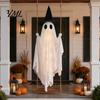 Decorative Ghost for Front Porch Luminous Halloween Hanging Swing with Witch Hat, Remote-controlled Adjustable Creepy Ornaments Brightness,