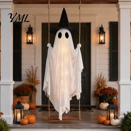Decorative Ghost for Front Porch Luminous Halloween Hanging Swing with Witch Hat, Remote-controlled Adjustable Creepy Ornaments Brightness,