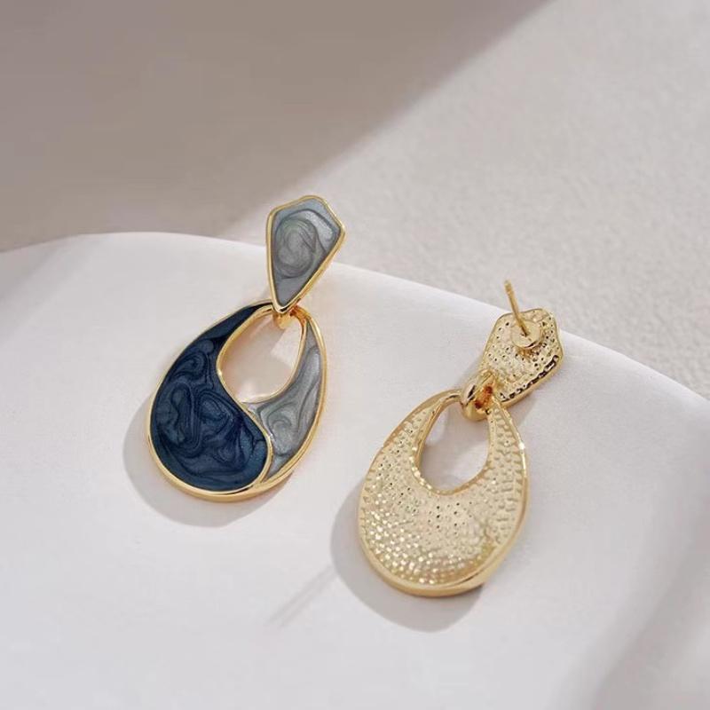 Vintage Water Drop Dangle Earrings for Women Geometric Polygon Drop Earrings Enamel Oil Gray Blue Fashion Party Jewelry