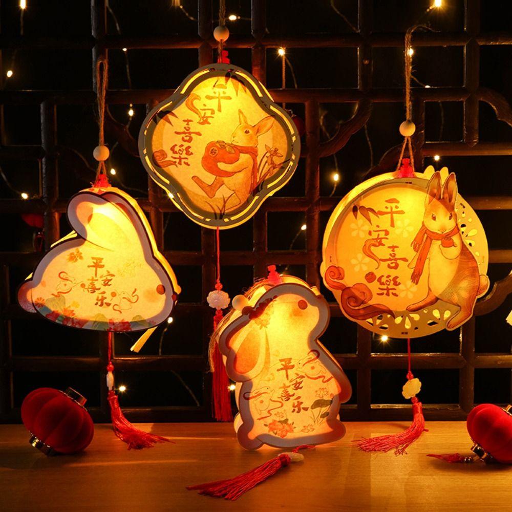 Chinese Style Mid-Autumn Wooden Lantern Rabbit Luminous Toys Handheld Lantern Children's
