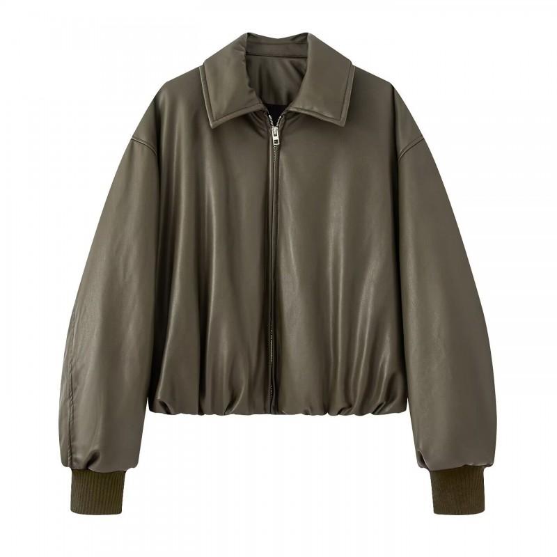 Womens Fall Winter Classic Collar Zip-Up Short Thick Leather Jacket Coat