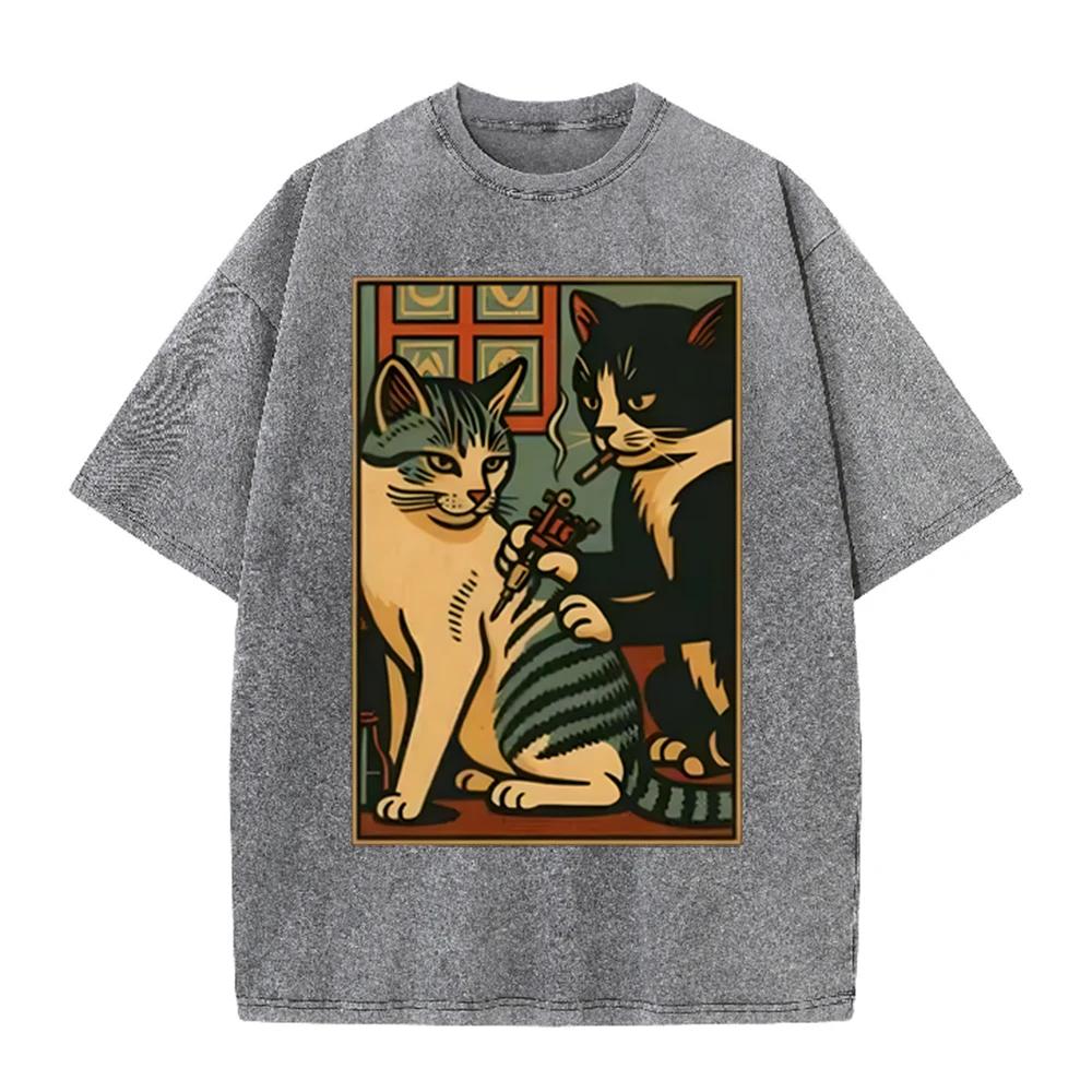 2026 Vintage Tattoo Cat Retro Art Print Beige Washed T Shirt Funny Animal Tattoo Shop Casual Oversized Unisex Short Sleeve Stree