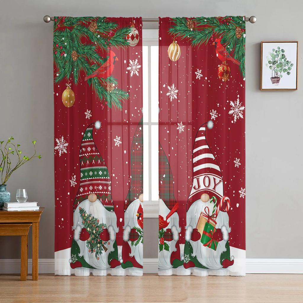 Christmas Gnome Snowflake Robin Red Sheer Curtains for Living Room Decoration Window Curtains Kitchen Tulle Voile Curtains