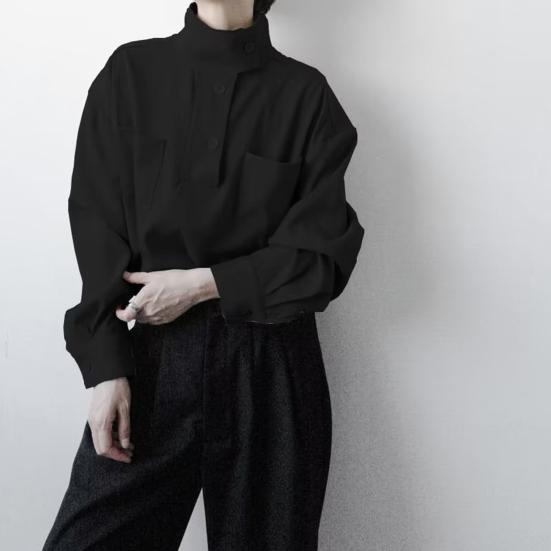 Женская рубашка с полувысоким воротником, пуговицами, полузастежкой, длинным рукавом, с карманами, однотонная свободная посадка, топы-пуловеры