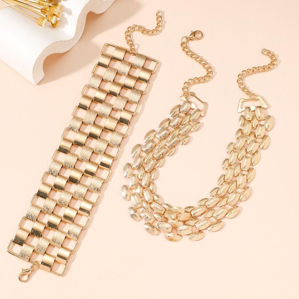 Chain Multilayer Jewelry Set Adjustable Exaggerated  Necklace Cute Metal Plaid Bracelet  Women