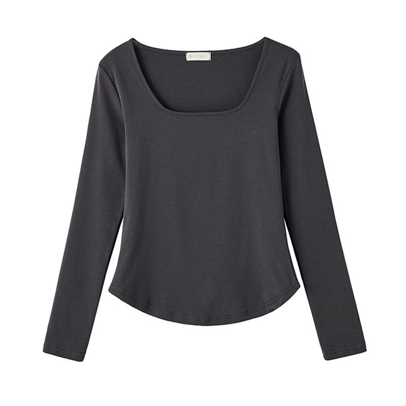 Футболка с квадратным воротником, женская, с длинным рукавом, осенняя, новая, нерегулярная, изогнутая, утягивающая рубашка
