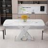 120CM-160CM Modern Rectangle Dining Table, Stretchable, with Printed White Marble Table Top+MDF X-Shape Table Leg with Metal Base
