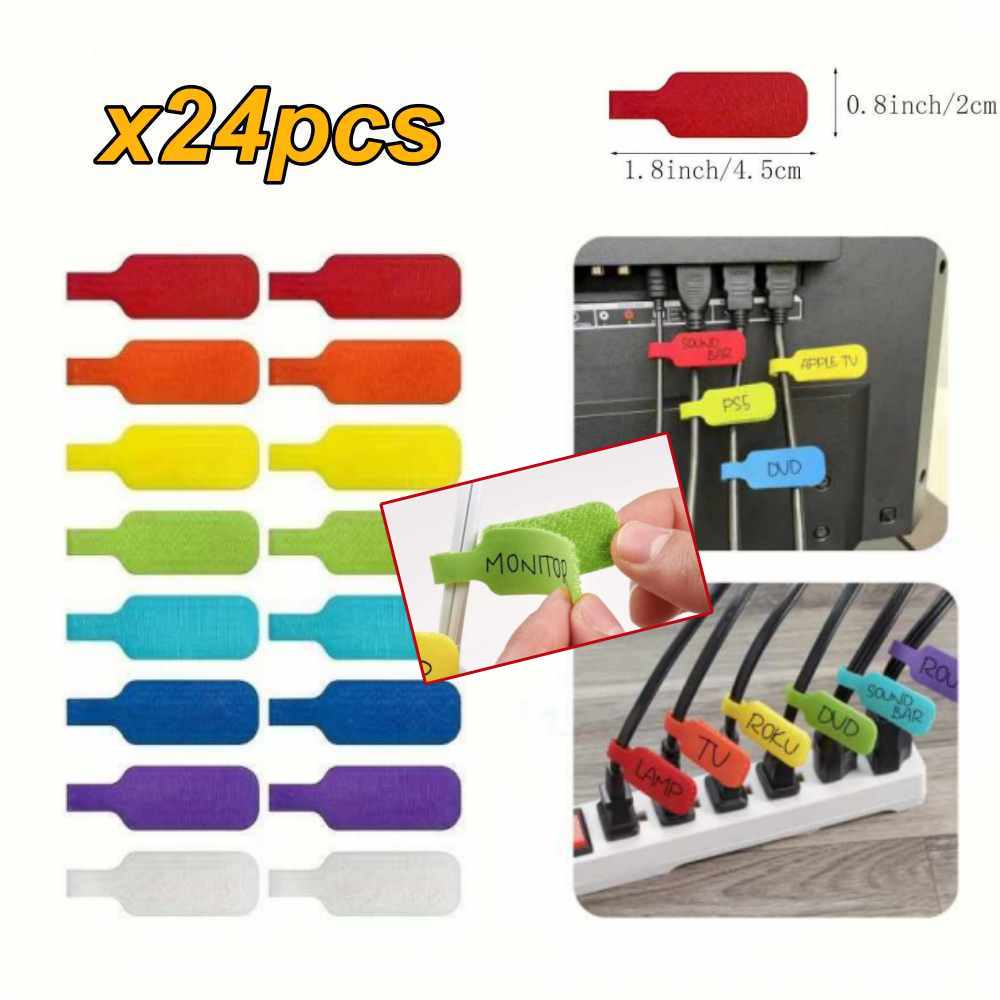 24pcs Reusable Self-Adhesive Cable Ties Wire Label Data Cable Charging Cable Holder Desktop Organiser Classification Sorting