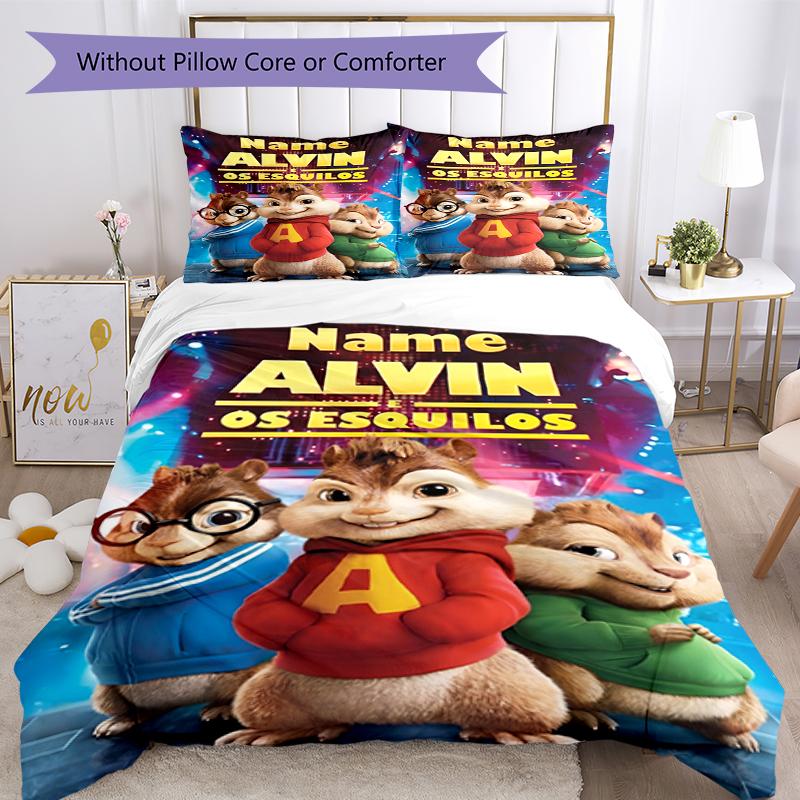 3pcs Custom Name Alvin and the Chipmunks Bedding Set Duvet Cover Closure Includes 1 Duvet Cover & 2 Pillowcases, Soft and Comfortable for All Seasons.