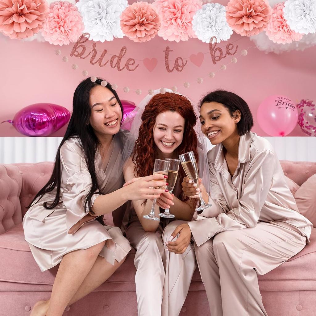 NISOCY Bachelorette Party Decoration, Pink Bridal Shower Decoration Bride to Be Sign Banner with Fringe Party Curta and Honeycomb Balls for Fall