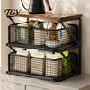 Compact Coffee Organizer Station with Drawer, Tiered Bar Organizer, Wooden Top Shelf, Desktop Storage Shelf Wire Mesh Drawers for Tea Bags, Capsules,