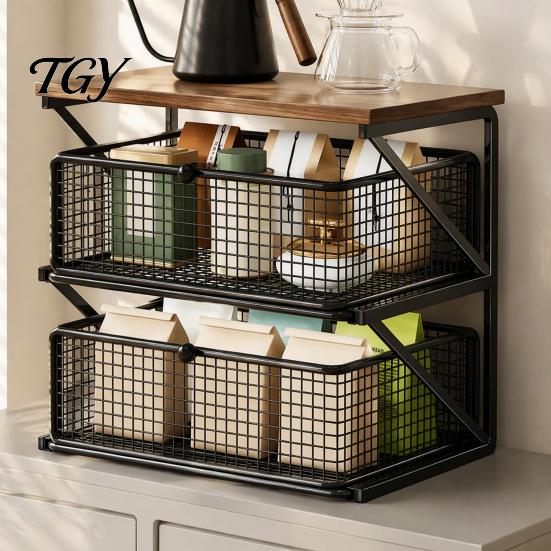 Compact Coffee Organizer Station with Drawer, Tiered Bar Organizer, Wooden Top Shelf, Desktop Storage Shelf Wire Mesh Drawers for Tea Bags, Capsules,