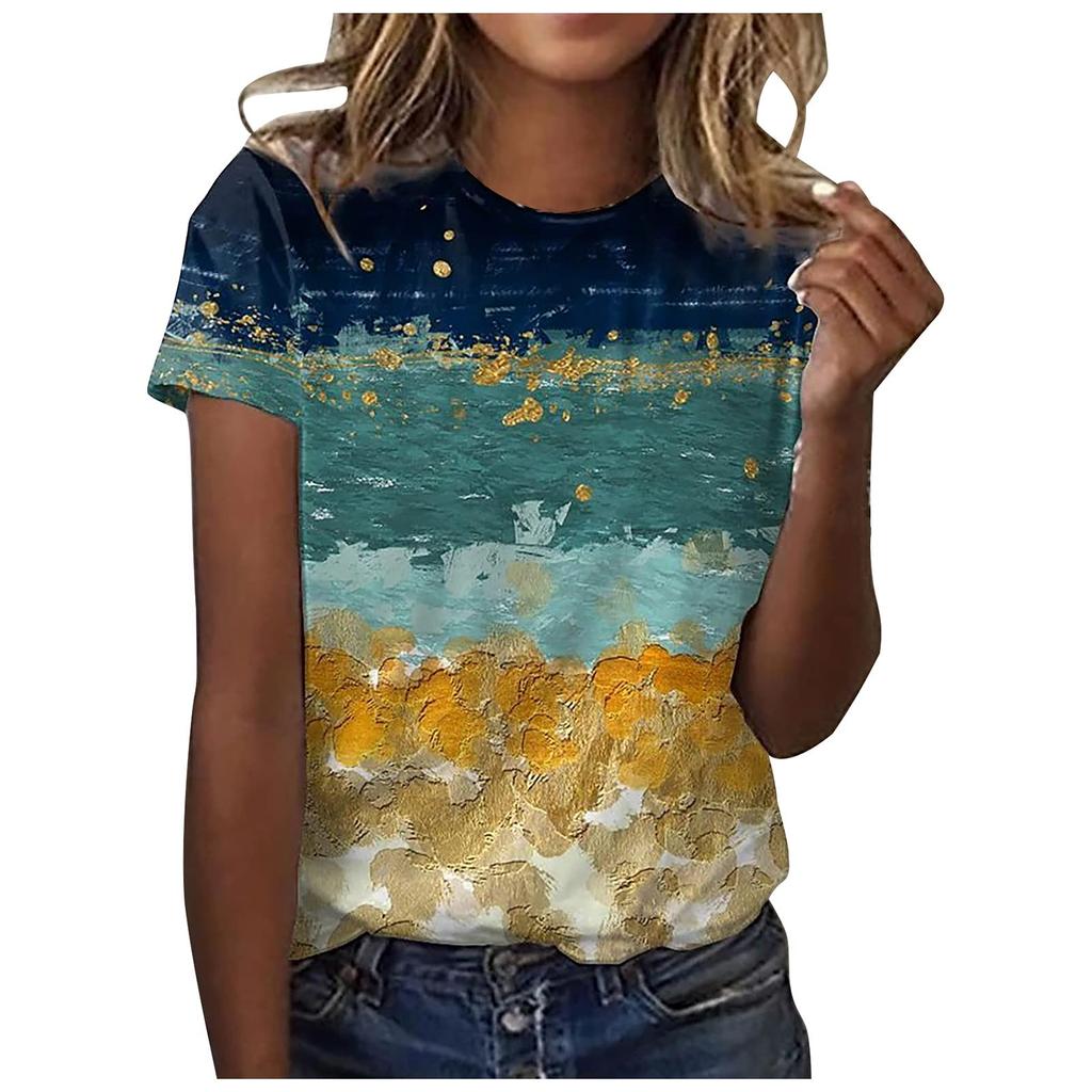 2026 New Summer Temperament Women's Sunrise Printed Women's T-shirt Round Neck Short Sleeve Street Casual Daily Basic Tops