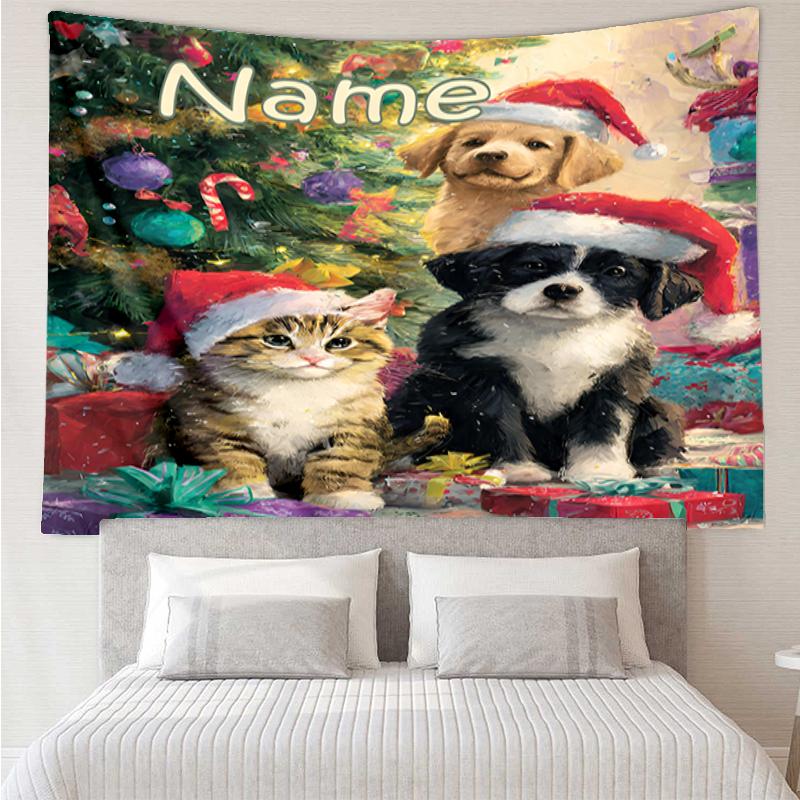 Custom Name Christmas Dog Print Tapestry, Backdrop, Easy Setup, Ideal for Bedroom, Office & Living Room, with Aesthetic Wall Hanging Decor.