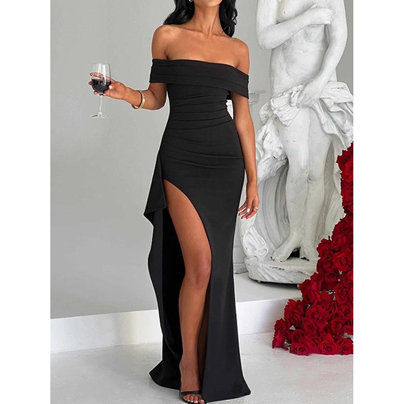 Elegant Strapless Casual Sexy Party Dress Women Fashion Slit Off Shoulder Black Long Dresses Women Summer High Waist Slim A Line Backless Dress 25748