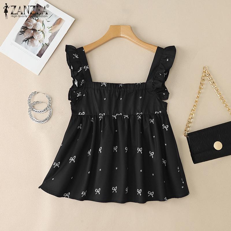 ZANZEA Женские повседневные летние майки без рукавов с квадратным вырезом и принтом бантов