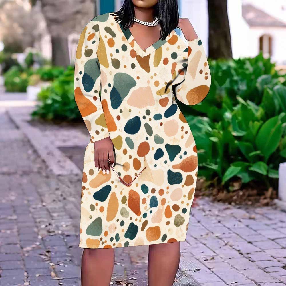 Women Plus Size Blue Pink Geometric Printed V Neck Long Sleeve Fitted Dress