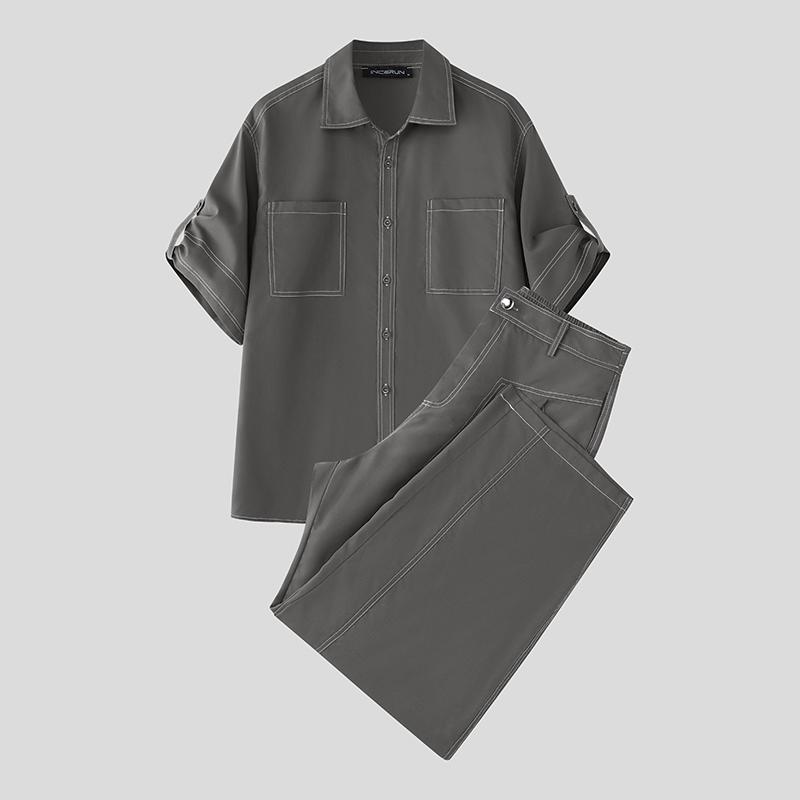 INCERUN Two Pieces Men Lapel Neck Short Sleeve Shirt Long Straight Pants Sets Outfits