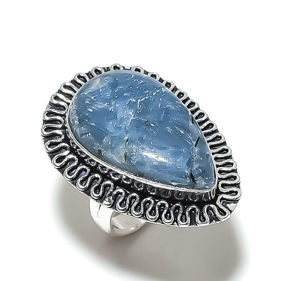 Аквамарин ручной работы из стерлингового серебра 925 пробы ювелирное кольцо размер 8 g4V71