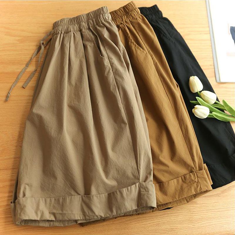 Женская одежда в японском стиле, эластичные, с высокой талией, простые пляжные шорты, женская повседневная уличная одежда, свободные, широкие брюки длиной до колена