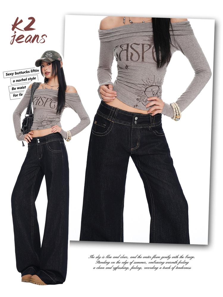 American style non-stick leg slightly pulled jeans women's autumn and winter new design double buckle loose and thin floor-mopping horn trousers
