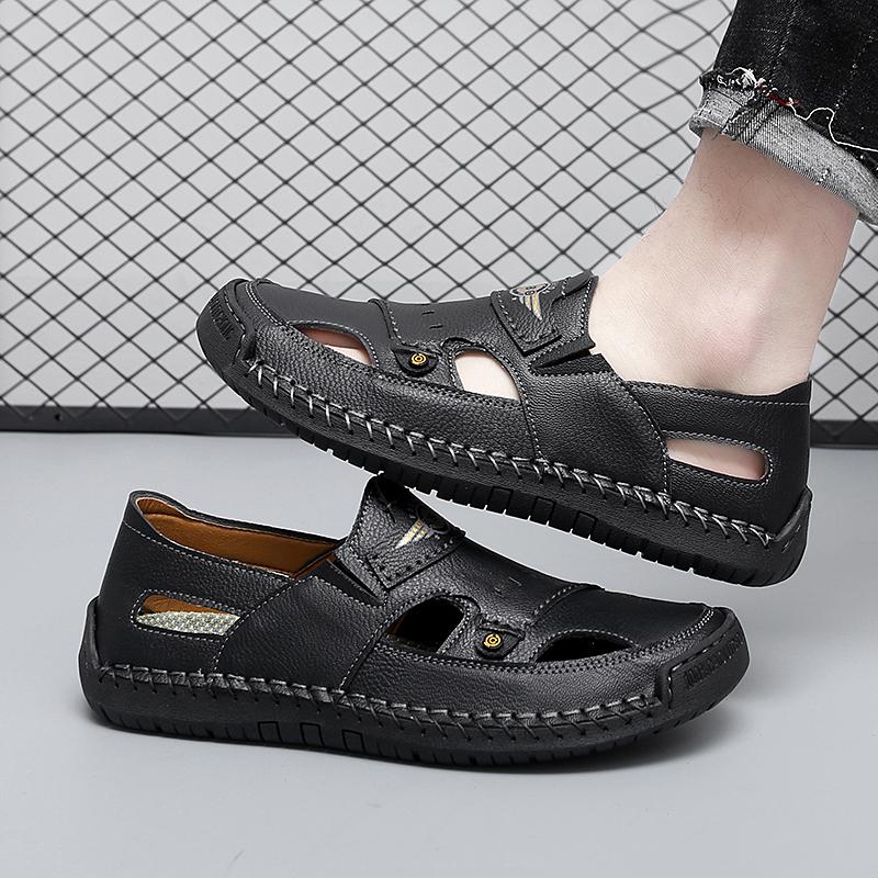 39-48 Летние мужские кожаные пляжные сандалии ручной работы Мужские сандалии с закрытым носком Сандалии большого размера