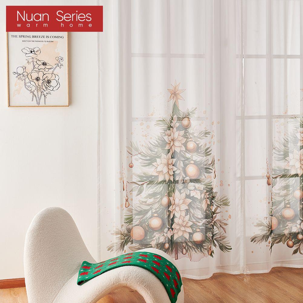 1PC Nuan Series Christmas Style Sheer Curtains Christmas Tree Pattern Printed Tulle for Kitchen Bedroom and Living Room Home Decor