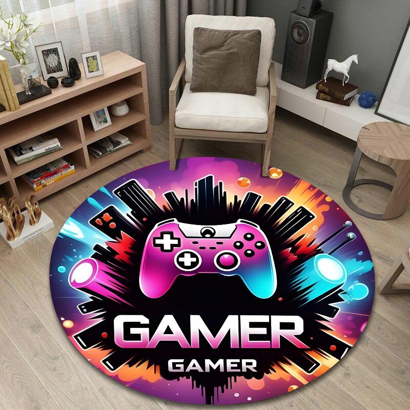 Round Floor Rug Gamer Game Controller Neon Pink Purple Arcade Gaming Setup Decor