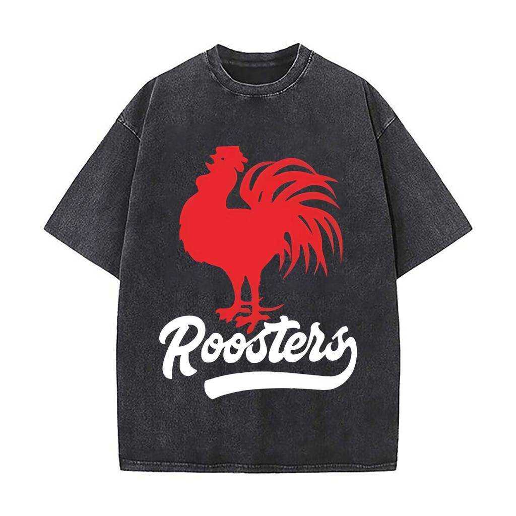 Red Rooster Roosters Bold Poultry Brand Design Daily Commute Vintage Distressed T Shirt Loose Washed Sleeve