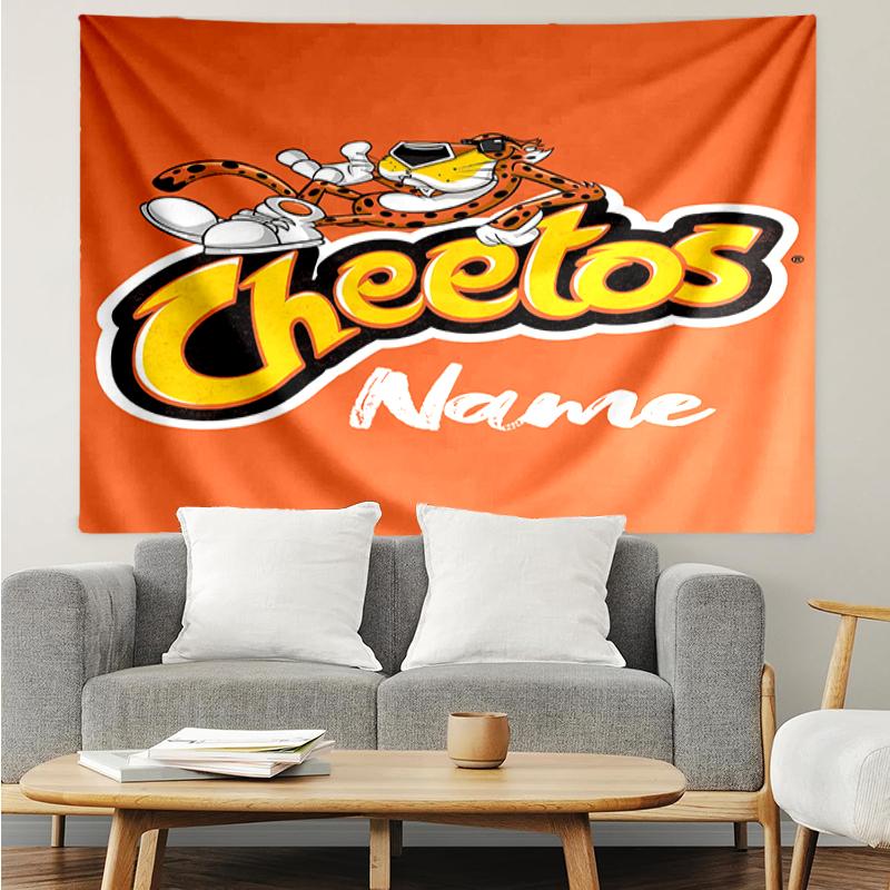 Custom Name Cheetos Print Tapestry, Backdrop, Easy Setup, Ideal for Bedroom, Office & Living Room, with Aesthetic Wall Hanging Decor.