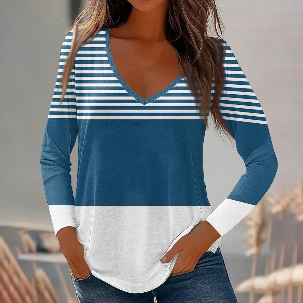 Womens Long Sleeve Tops V Neck Shirts Casual Stripe Print Basic Trendy Tee Blouses Fall Tunic Outfits Fitted T Shirts