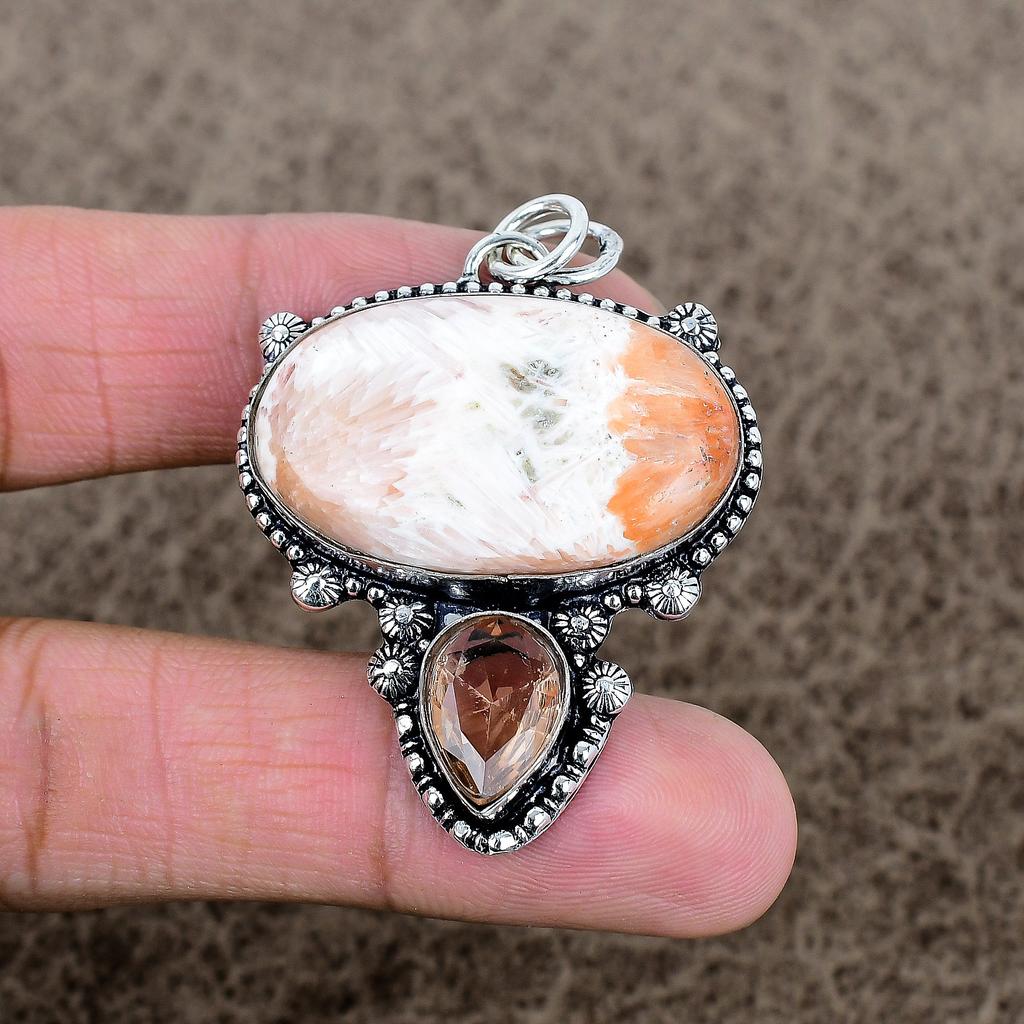 Scolecite, Morganite Gemstone 925 Sterling Silver Jewelry Pendant 2.09" KKG-313