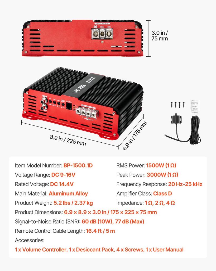 Monoblock Car Amplifier, 1500W RMS MAX, 1/2/4 Ohm Stable, 1-Channel Class D Car Audio Amplifier with Remote Subwoofer Level Control, Low Pass Filter