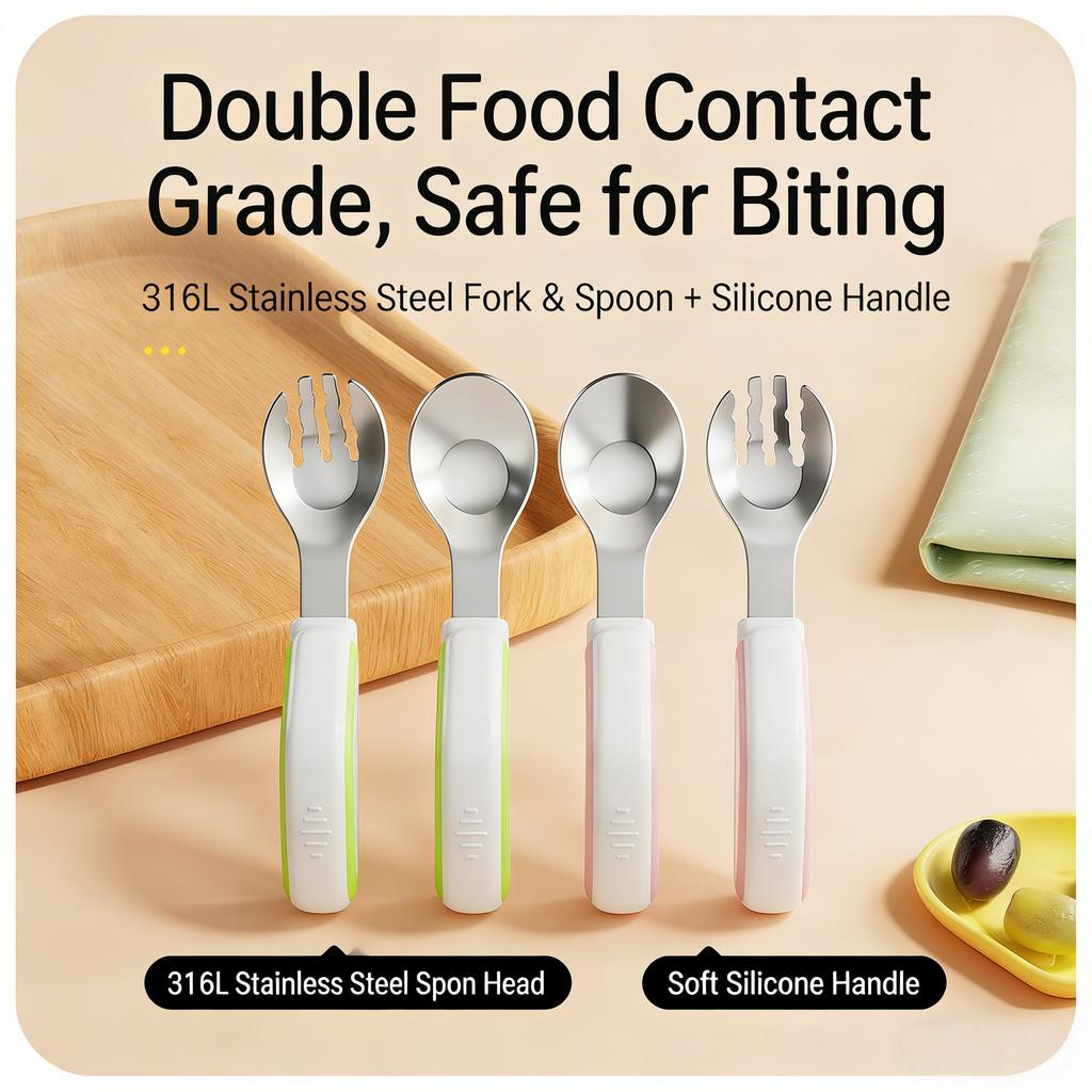 Baby Toddler Training Fork and Spoon Set Silicone Stainless Steel Round Tip Non-Slip Handle Self-Feeding Utensils Green 2-Pack