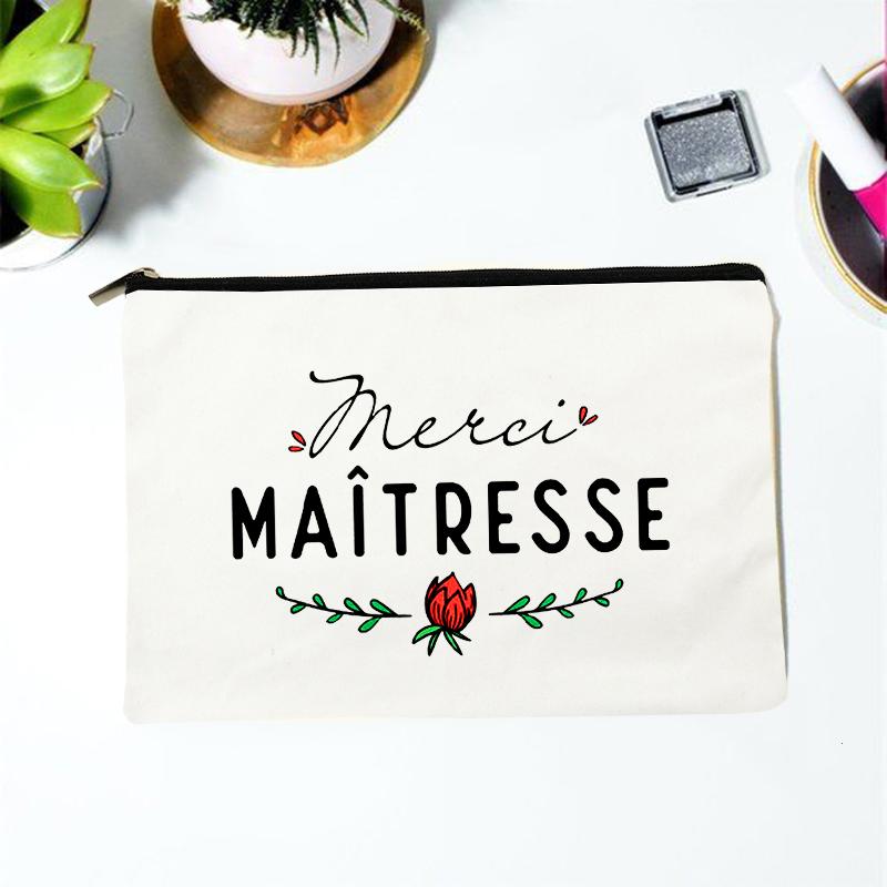 Teacher Superpower French Letter Print Women Cosmetic Bag Canvas Zipper Makeup Pouch Purse Organizer Pencil Bags Toiletry Bag