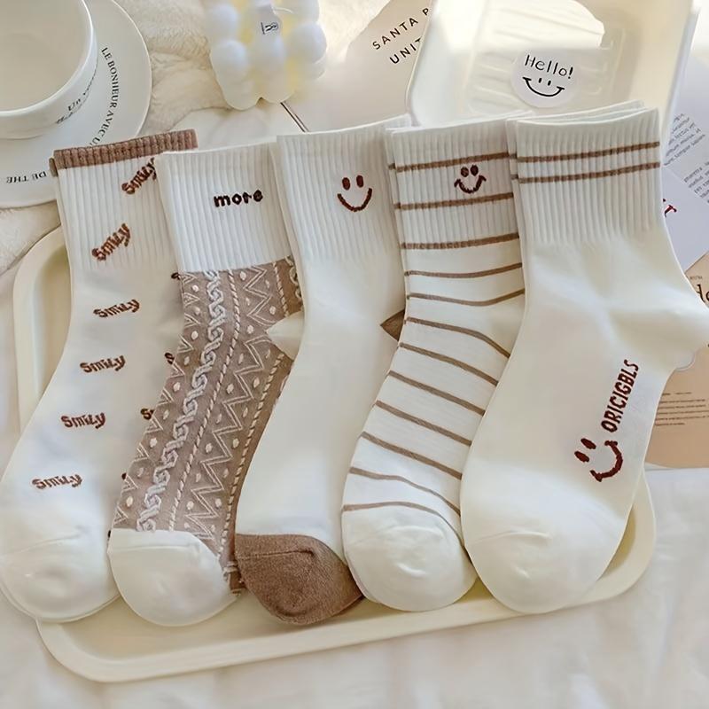 5 Pairs Smile Face Print Socks, Cute & Breathable Mid Tube Socks, Women's Stockings & Hosiery