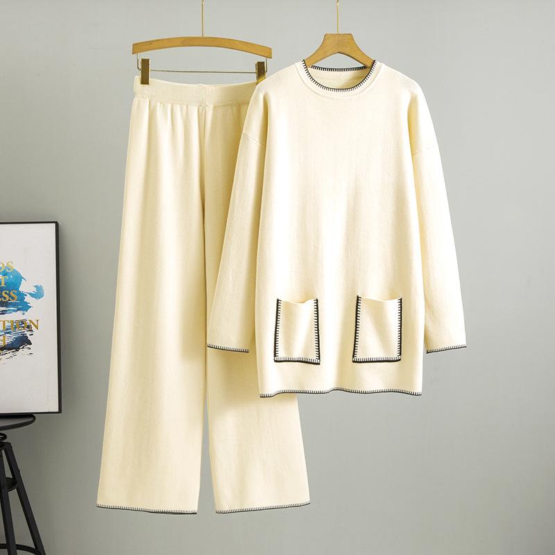 Плюс Размер Женская Весна Новый Трикотажный Модный Длинный Свитер Свободный Комплект Из Двух Частей