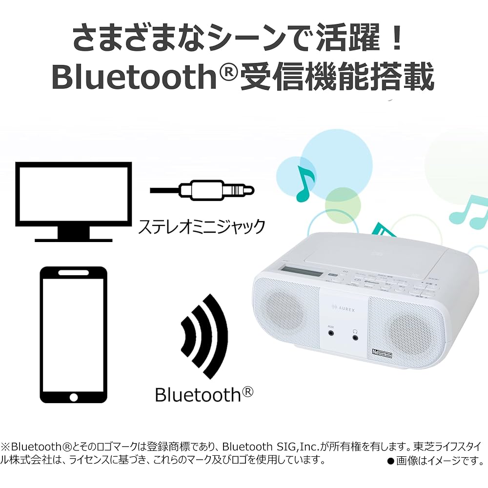 Toshiba AUREX AX-ANC1(W) CD-радио, Белый, Bluetooth Версия 5.3, Неодимовый динамик, Функция возобновления воспроизведения, Таймер сна, Широкий FM, AM, FM-радио, Изучение языков, Компактный,